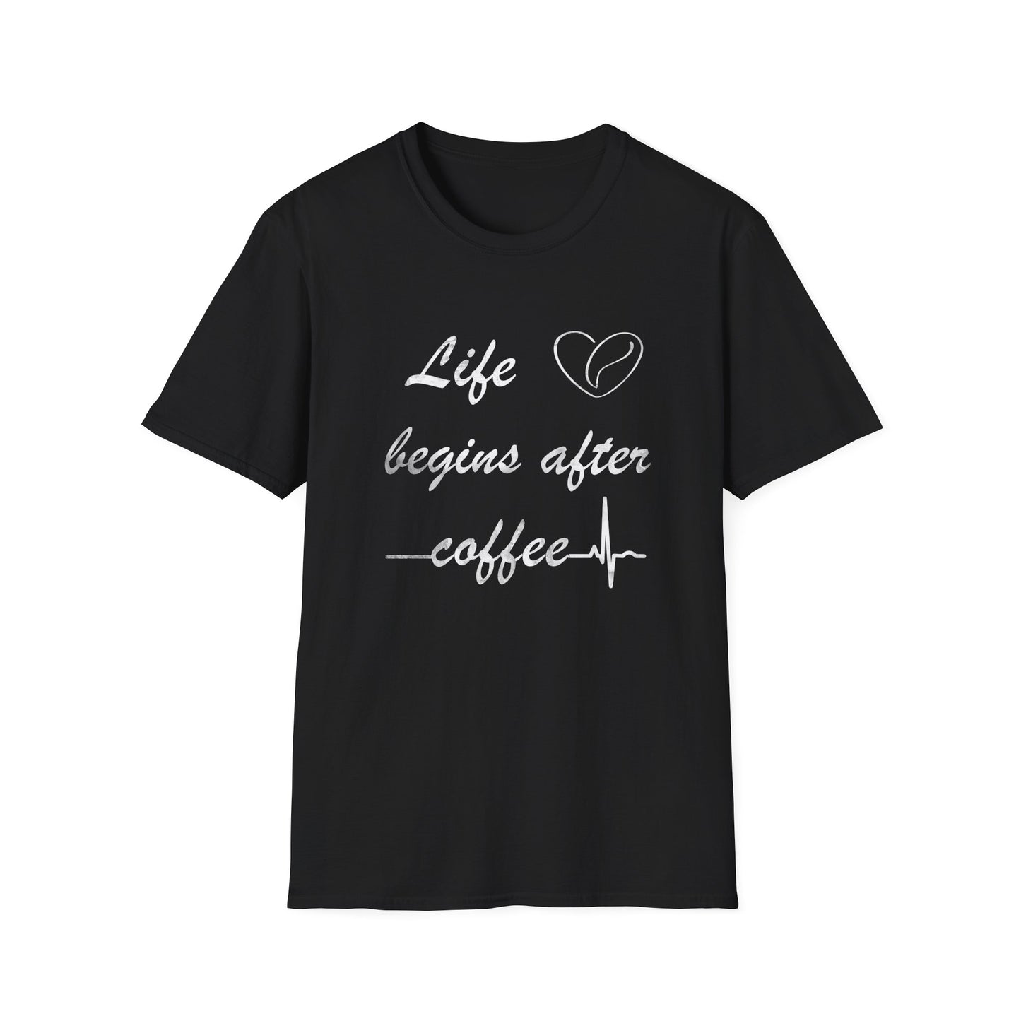 Life begins after coffee. Unisex Softstyle T-Shirt